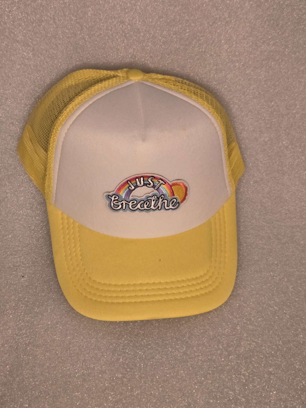 Yellow and White 'Just Breathe' Embroidered Trucker Hat